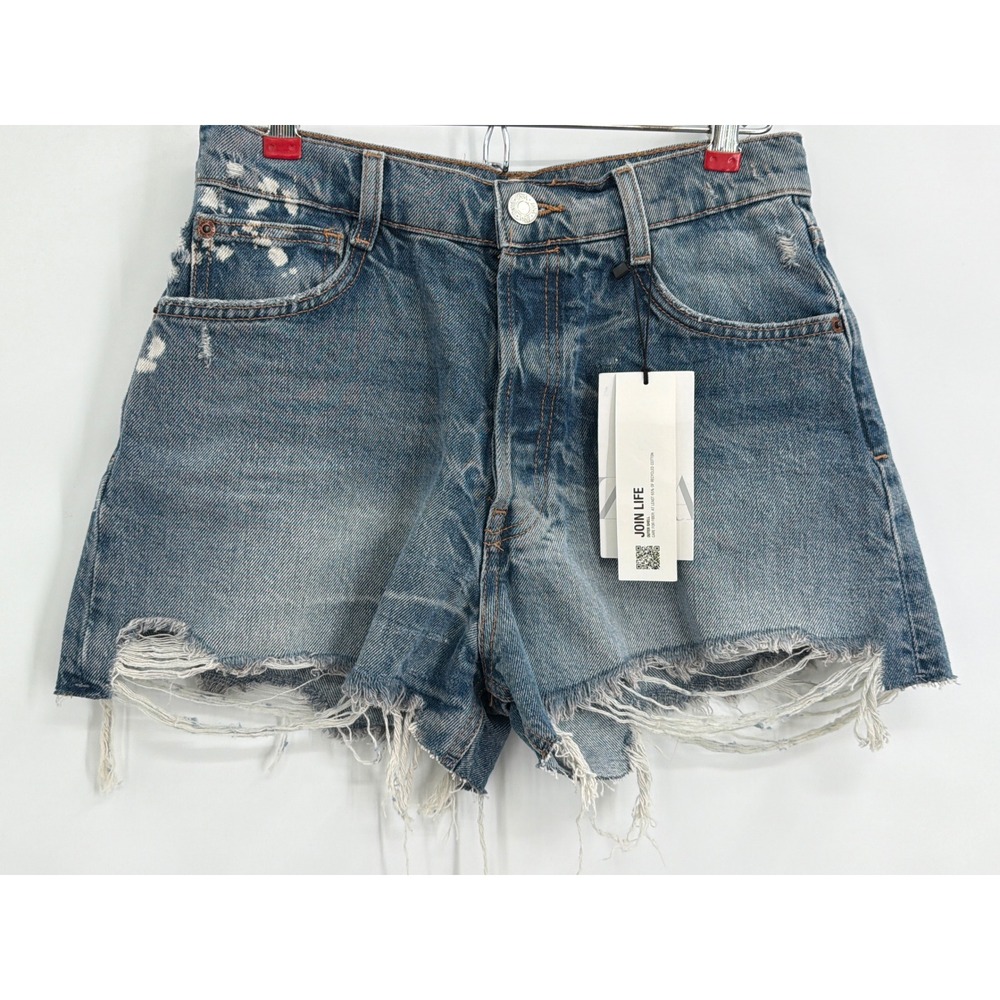 Zara Denim Summer Edition High Rise Frayed Bleach Spot Shorts Blue Size 6 NEW